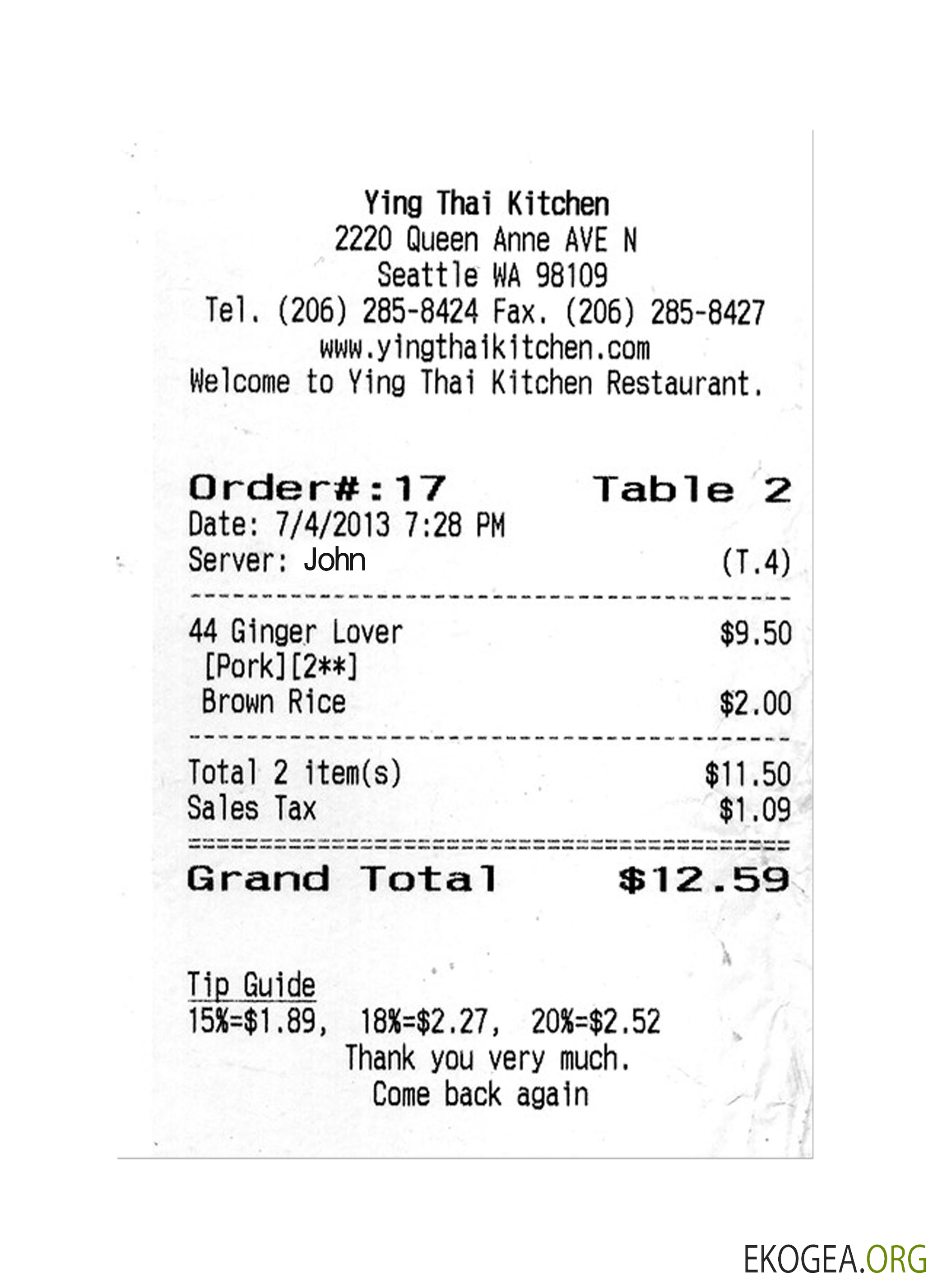 Chèque de paiement YING THAI KITCHEN